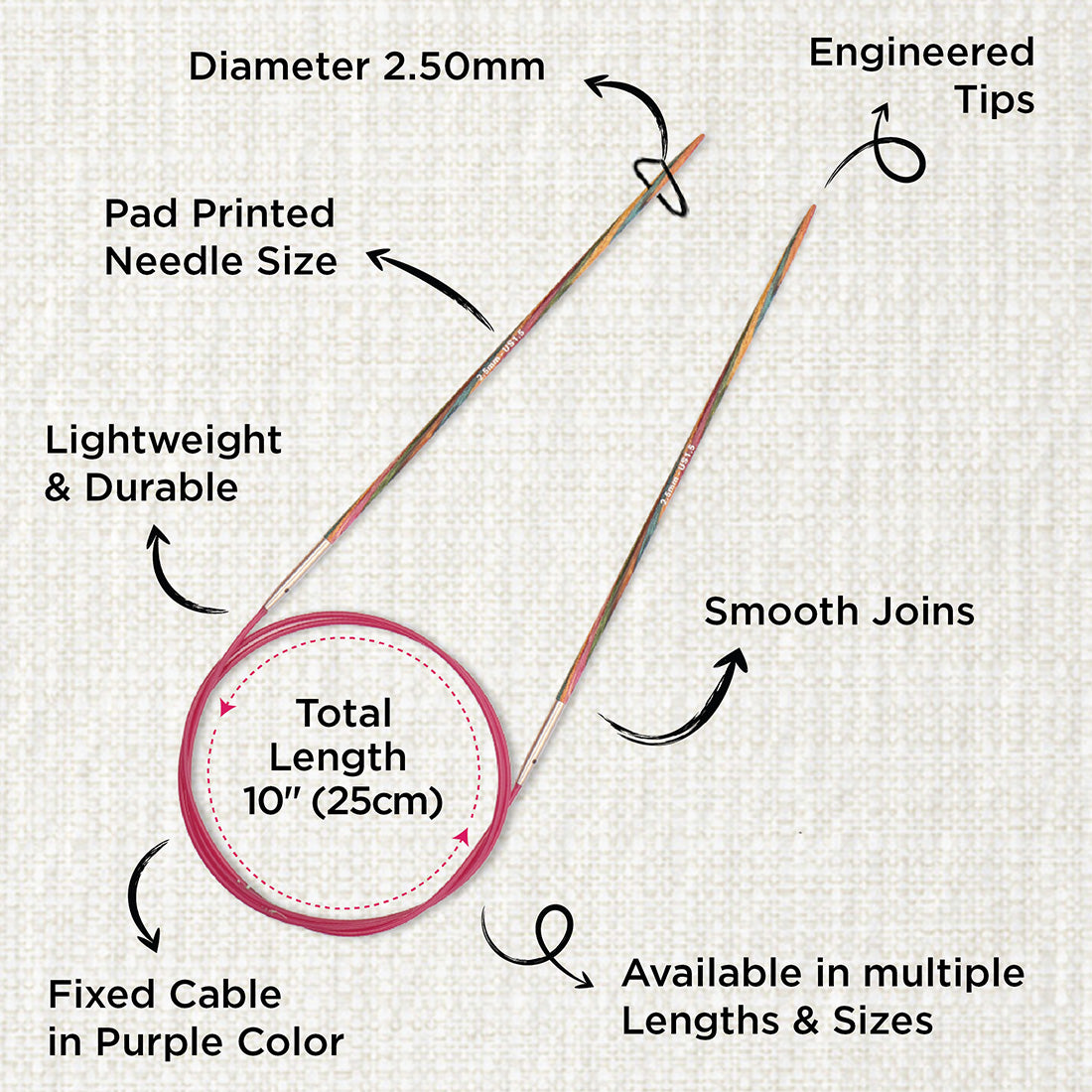 KnitPro Symfonie multi-coloured wooden fixed circular knitting needle, 25cm, 2.5mm