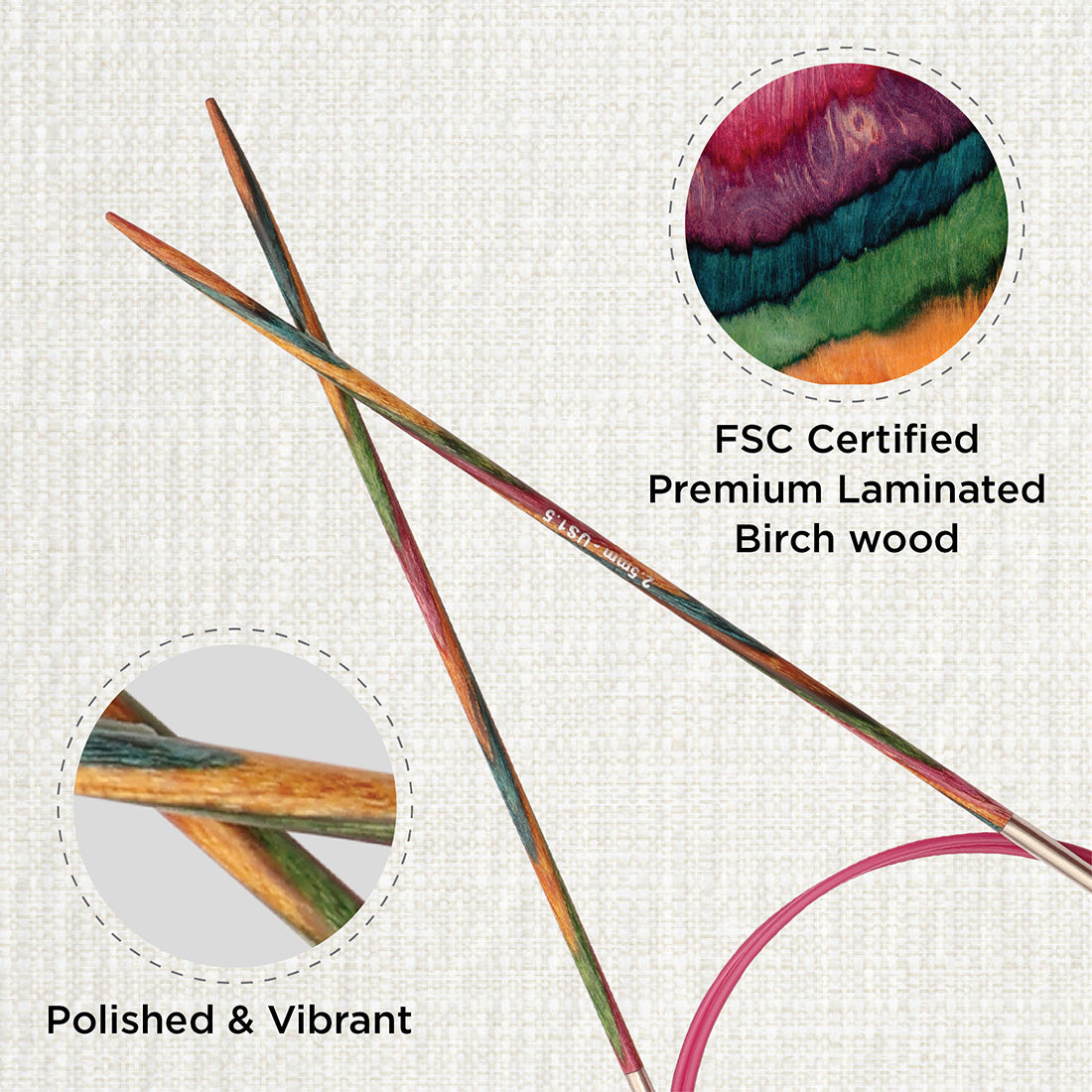 KnitPro Symfonie multi-coloured wooden fixed circular knitting needle, 25cm, 2.5mm