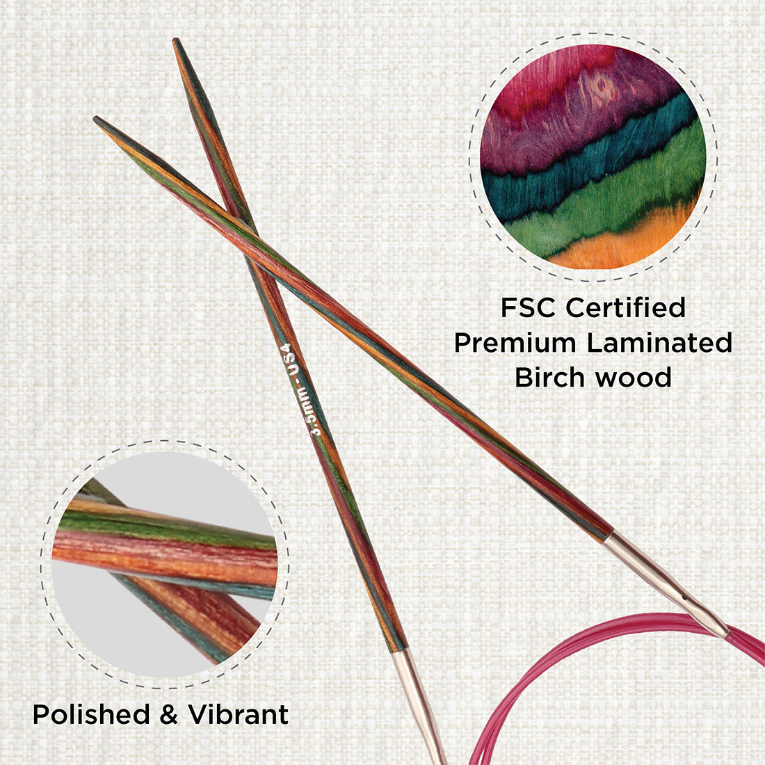 KnitPro Symfonie multi-coloured wooden fixed circular knitting needle, 25cm, 3.5mm