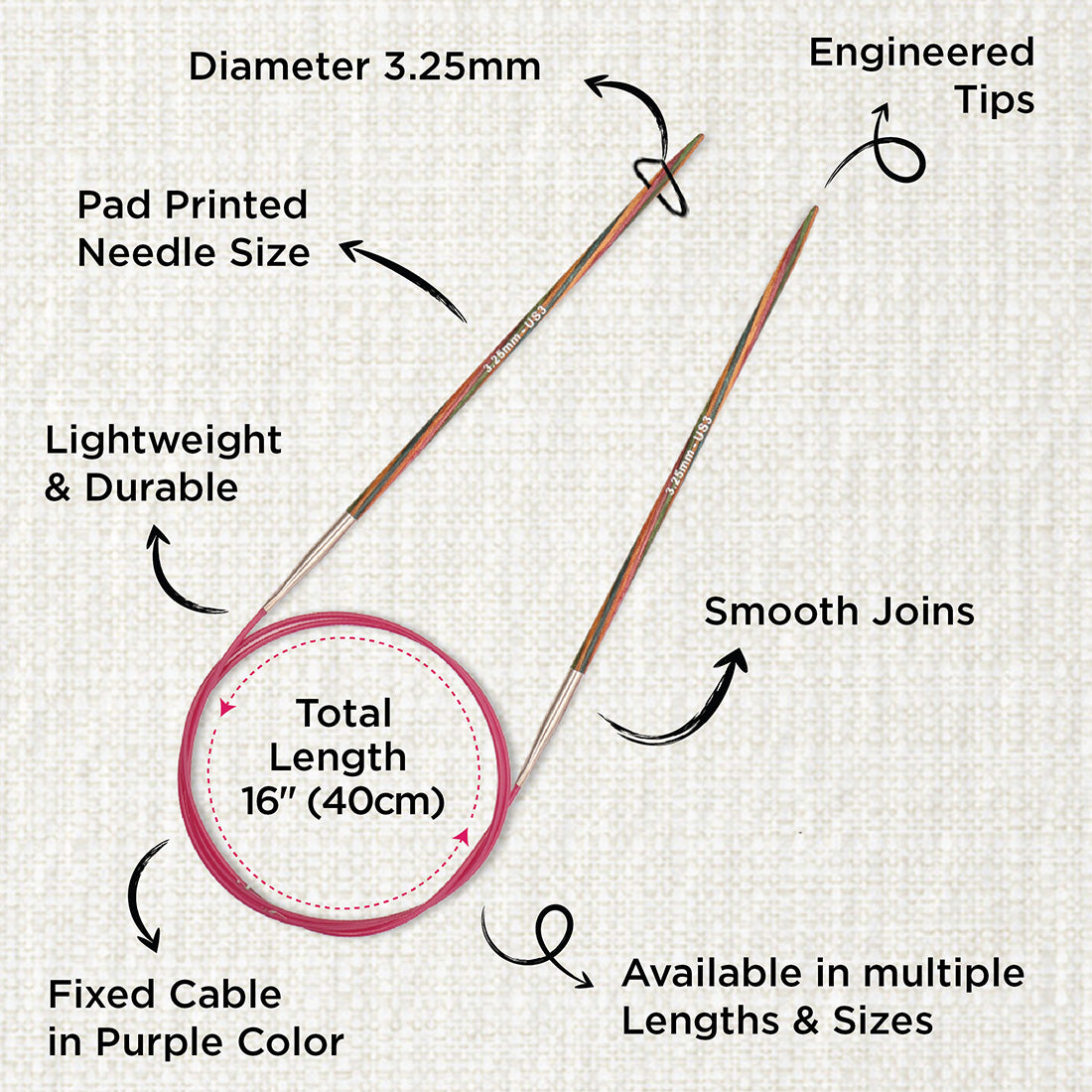 KnitPro Symfonie multi-coloured wooden fixed circular knitting needle, 40cm, 3.25mm
