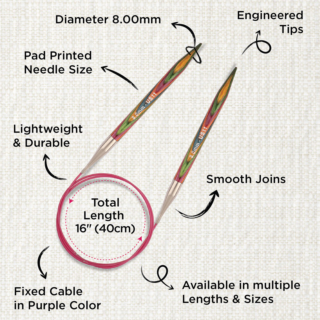 KnitPro Symfonie 8mm fixed circular knitting needle with birch wood tips and cable