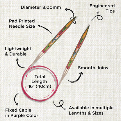 KnitPro Symfonie 8mm fixed circular knitting needle with birch wood tips and cable