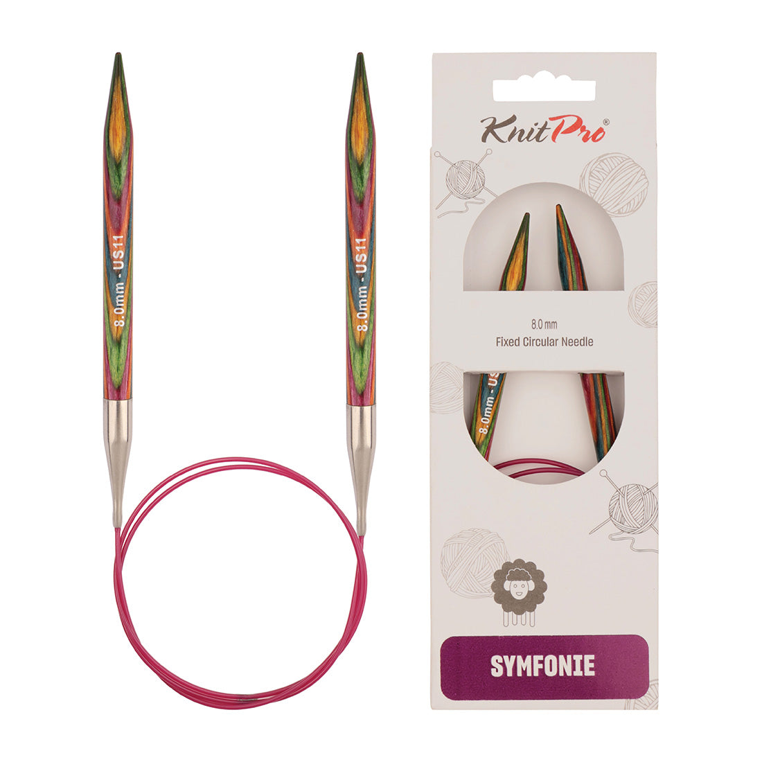 KnitPro Symfonie 8mm fixed circular knitting needle with birch wood tips and cable
