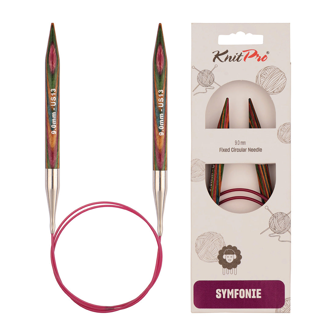 KnitPro Symfonie 9mm fixed circular knitting needle with birch wood tips and cable