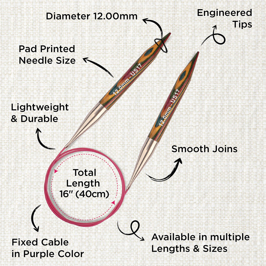 KnitPro Symfonie 12mm fixed circular knitting needle with birch wood tips and cable