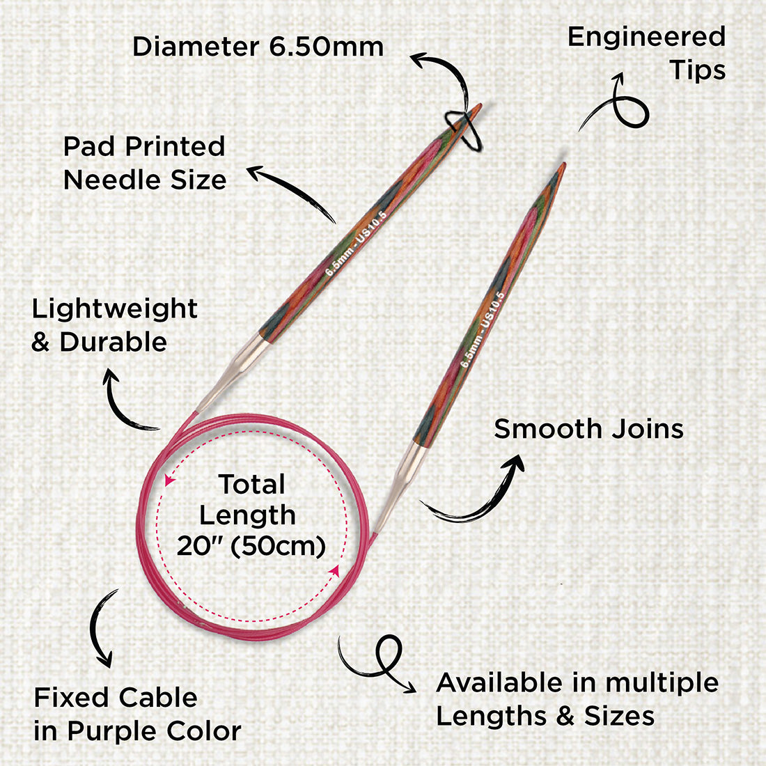 KnitPro Symfonie 6.5mm fixed circular knitting needle with birch wood tips and cable