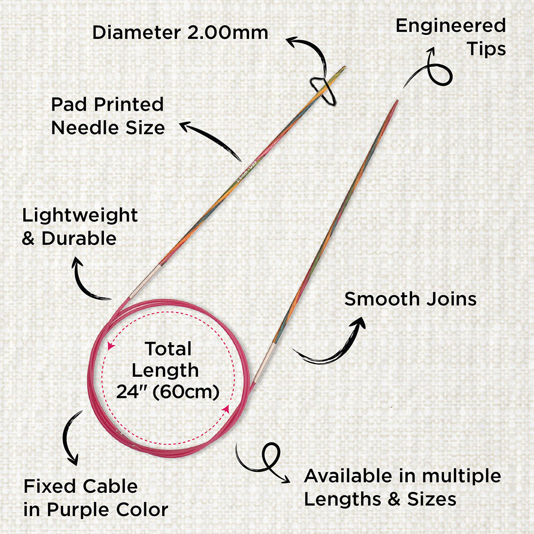 KnitPro Symfonie 2mm fixed circular knitting needle with birch wood tips and cable
