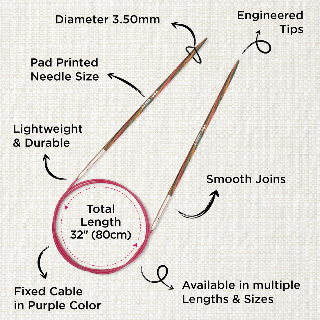 KnitPro Symfonie 3.5mm fixed circular knitting needles with laminated birch wood tips and 80cm cable