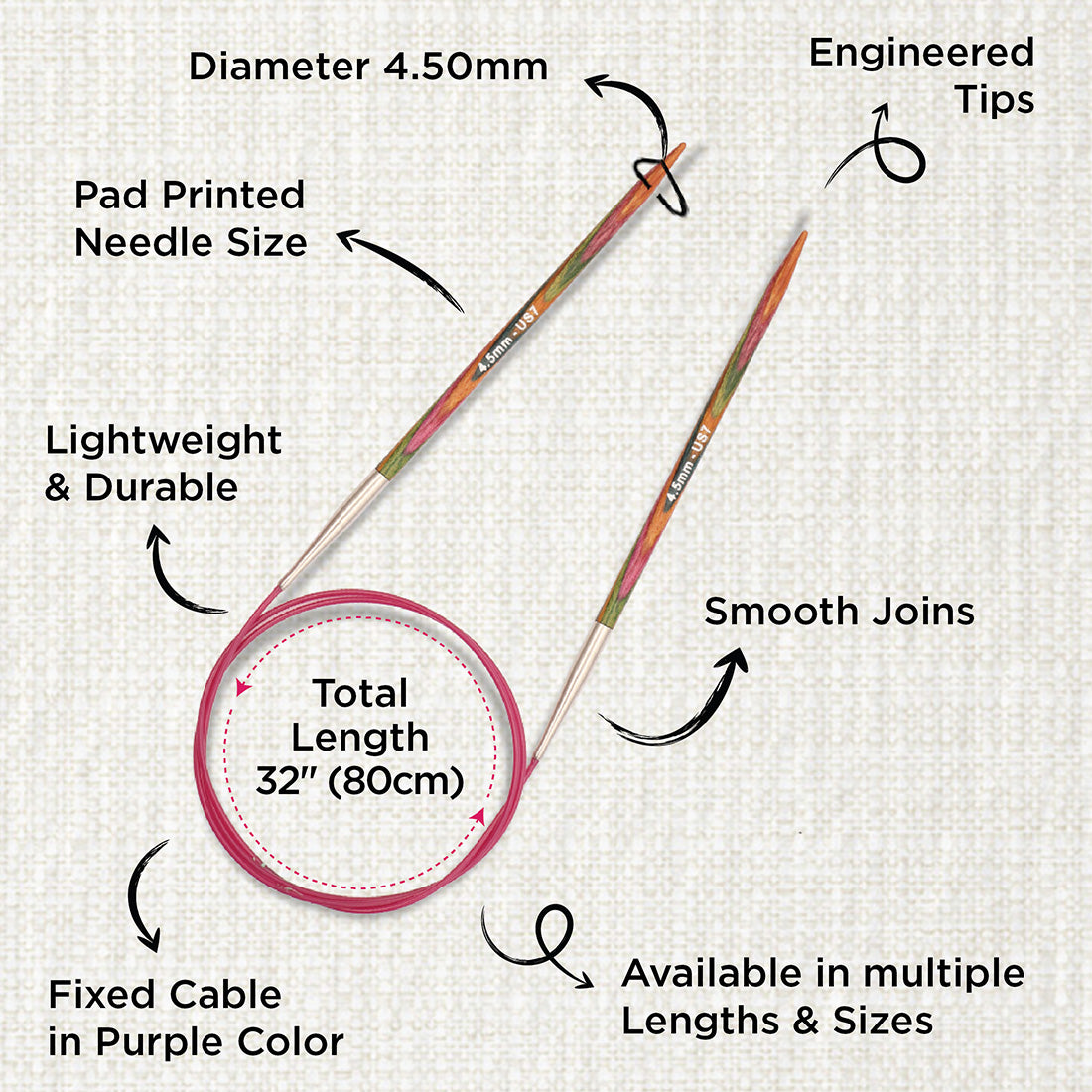 KnitPro Symfonie 4.5mm fixed circular knitting needles with laminated birch wood tips and 80cm cable