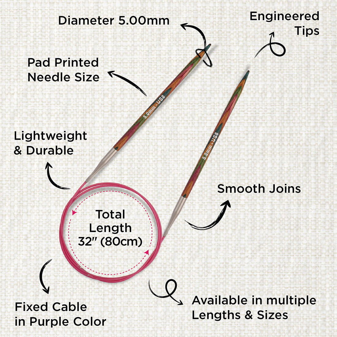 KnitPro Symfonie 5mm fixed circular knitting needles with laminated birch wood tips and 80cm cable