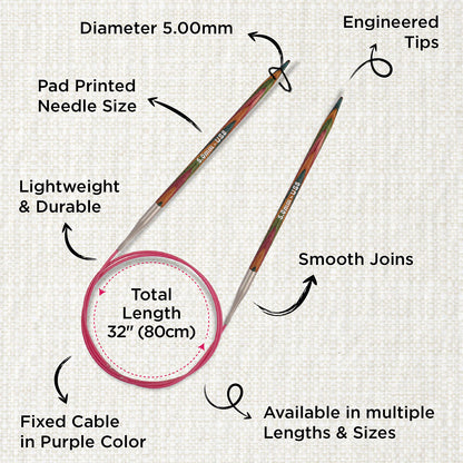 KnitPro Symfonie 5mm fixed circular knitting needles with laminated birch wood tips and 80cm cable
