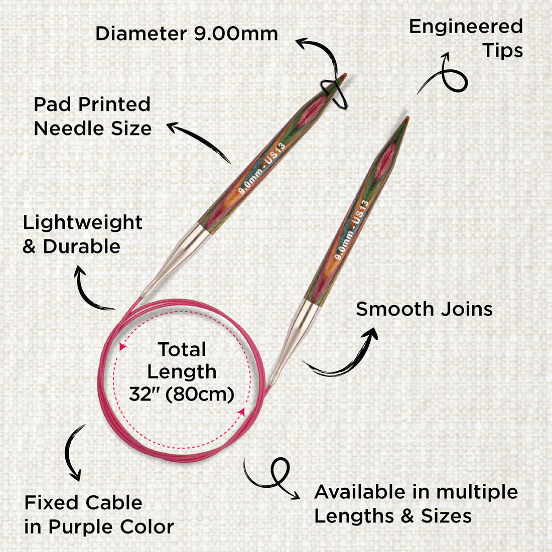 KnitPro Symfonie 9mm fixed circular knitting needles with laminated birch wood tips and 80cm cable