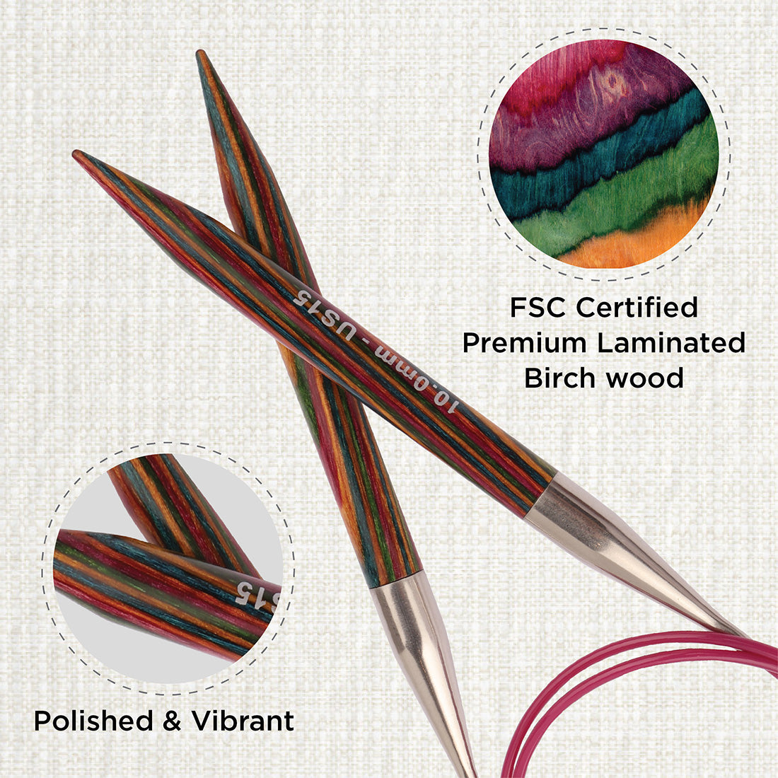 KnitPro Symfonie 10mm fixed circular knitting needles with laminated birch wood tips and 80cm cable