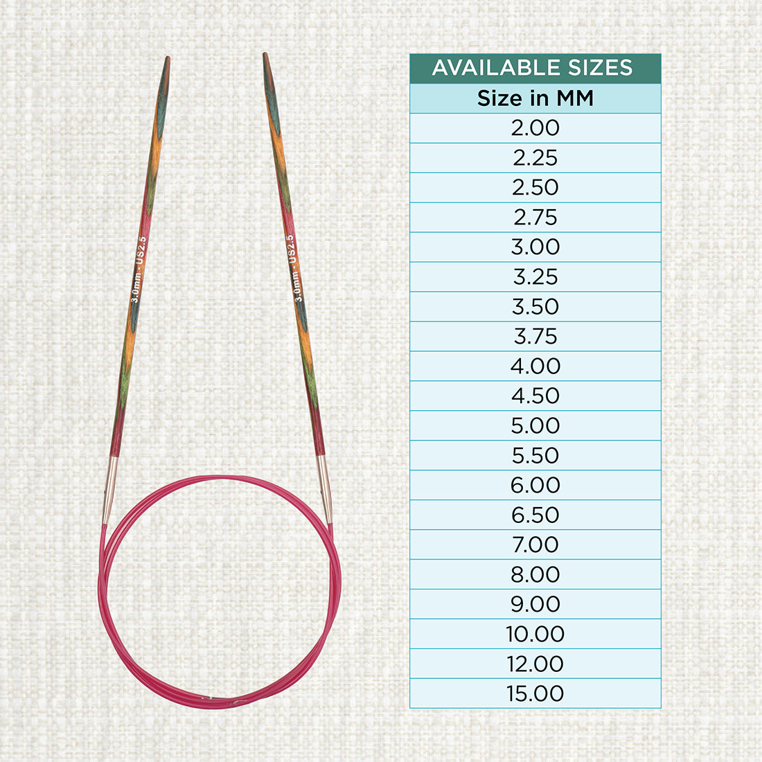 KnitPro Symfonie 3mm fixed circular knitting needles with laminated birch wood tips and 100cm cable