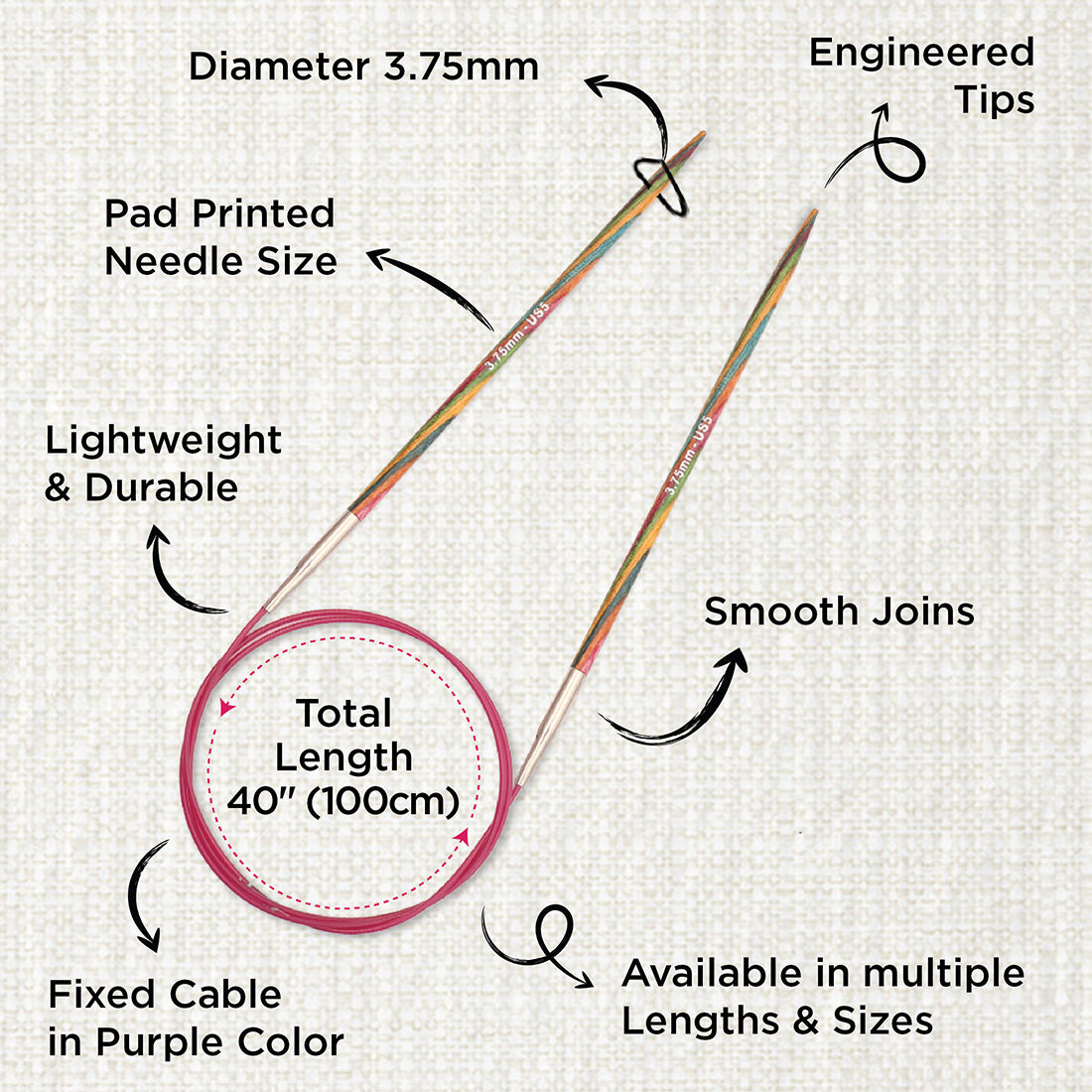 KnitPro Symfonie 3.75mm fixed circular knitting needles with laminated birch wood tips and 100cm cable