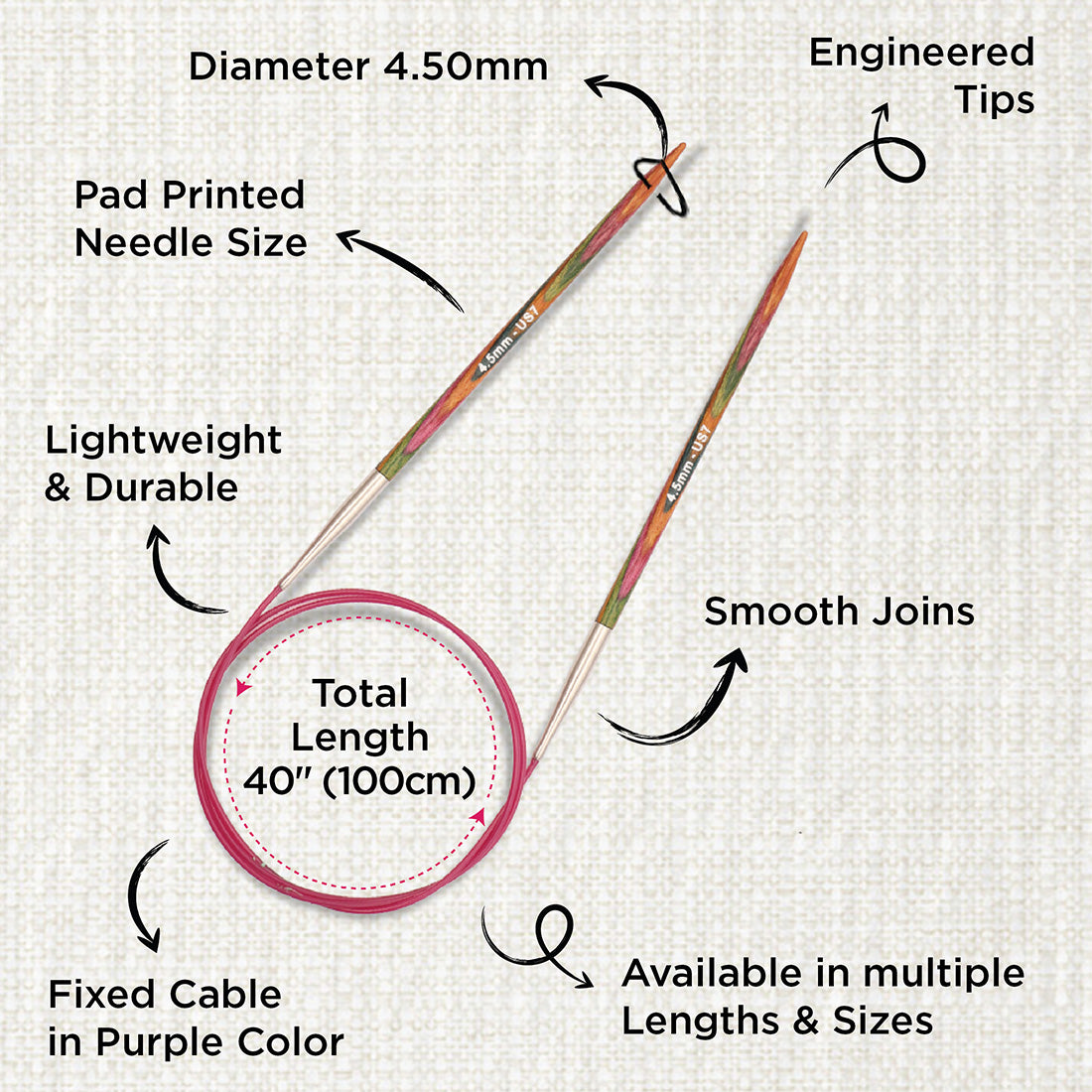 KnitPro Symfonie 4.5mm fixed circular knitting needles with laminated birch wood tips and 100cm cable