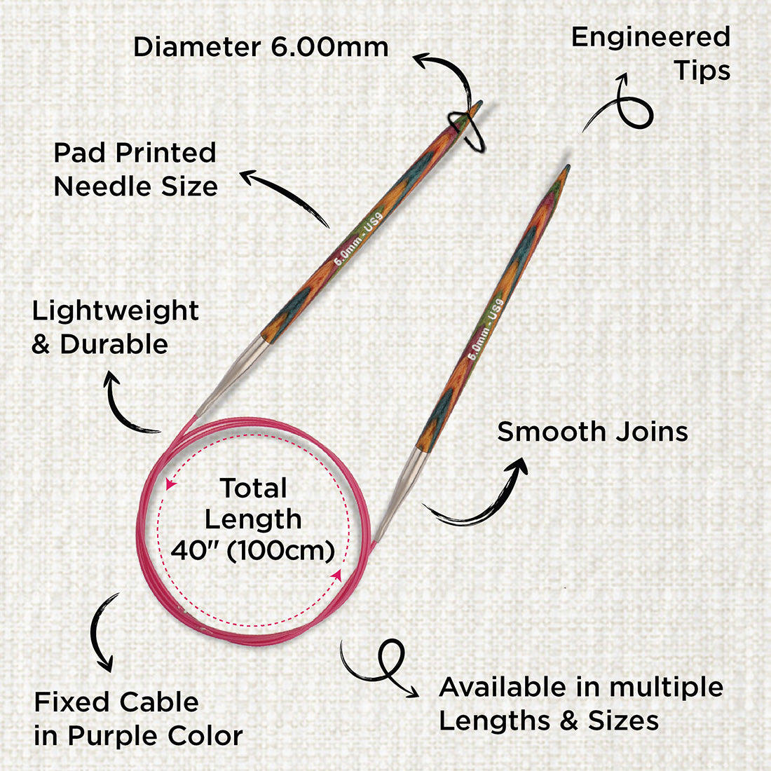KnitPro Symfonie 6mm fixed circular knitting needles with laminated birch wood tips and 100cm cable
