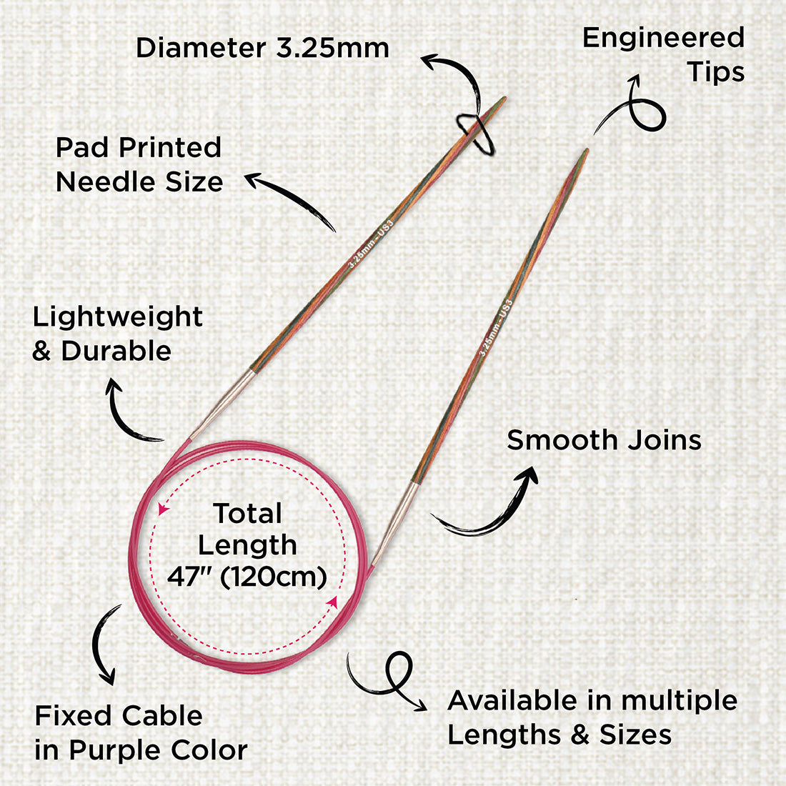 KnitPro Symfonie 2 3.25mm birch wood circular knitting needle with 120cm cable