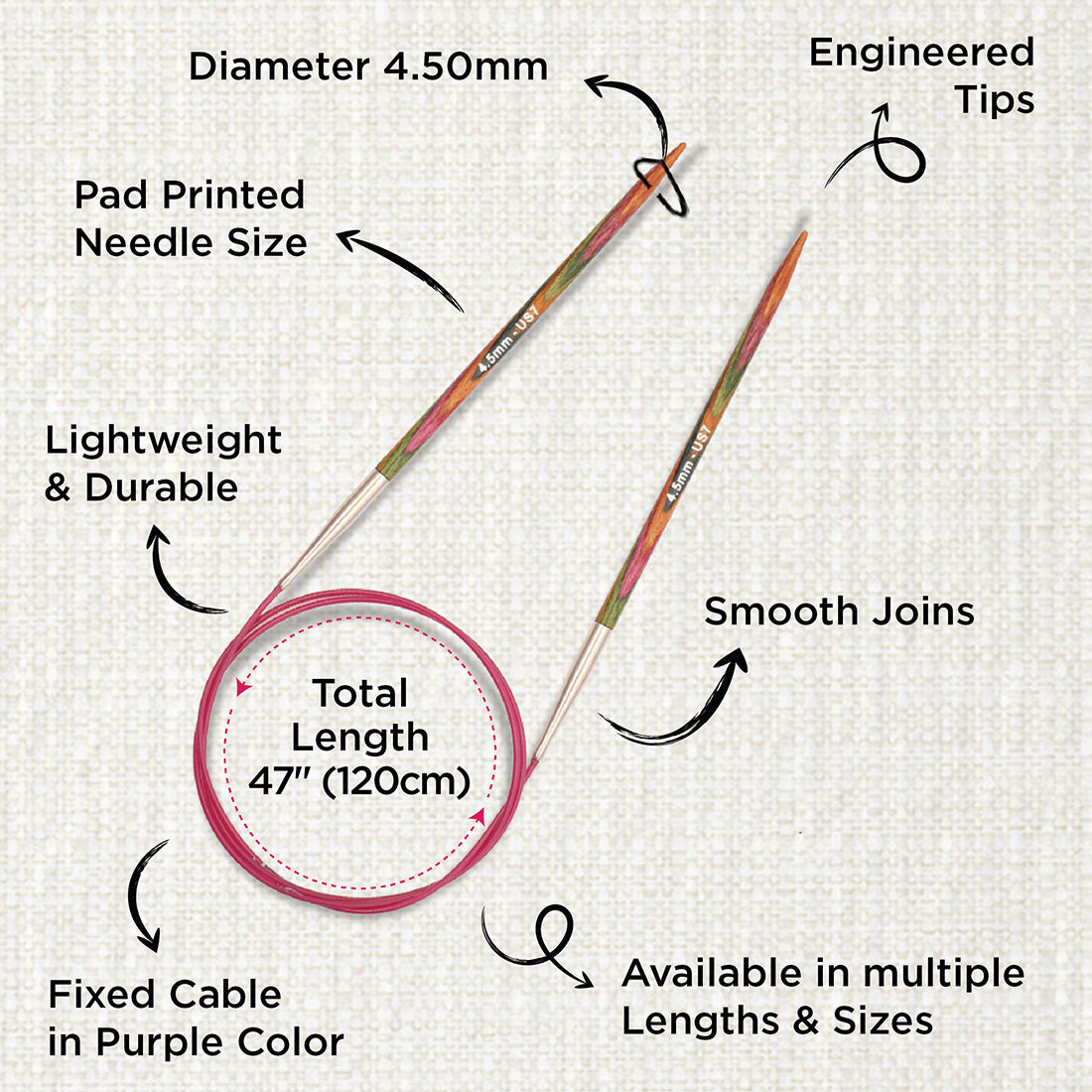 KnitPro Symfonie 2 4.5mm birch wood circular knitting needle with 120cm cable