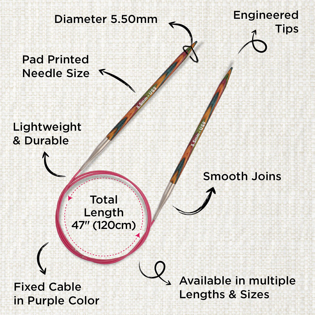KnitPro Symfonie 2 5.5mm birch wood circular knitting needle with 120cm cable