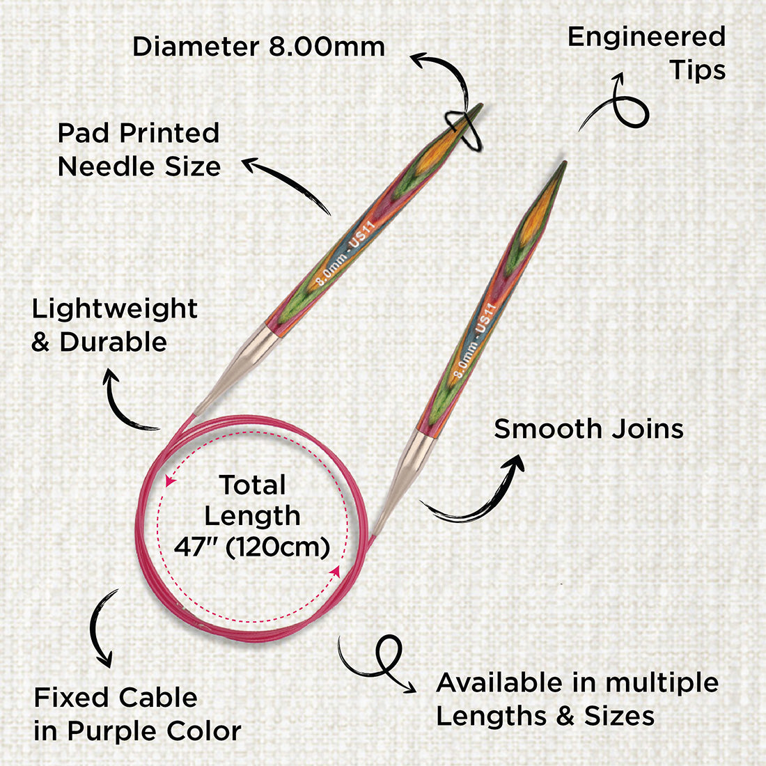 KnitPro Symfonie 2 8mm birch wood circular knitting needle with 120cm cable