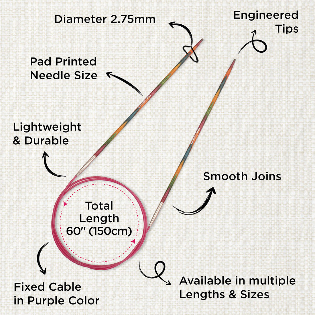 KnitPro Symfonie 2 2.75mm birch wood circular knitting needle with 150cm cable