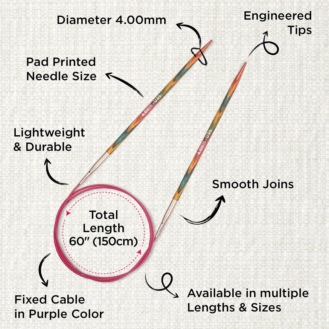 KnitPro Symfonie 2 4mm birch wood circular knitting needle with 150cm cable