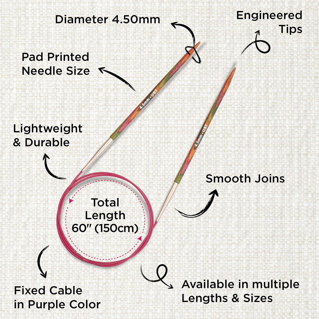 KnitPro Symfonie 2 4.5mm birch wood circular knitting needle with 150cm cable