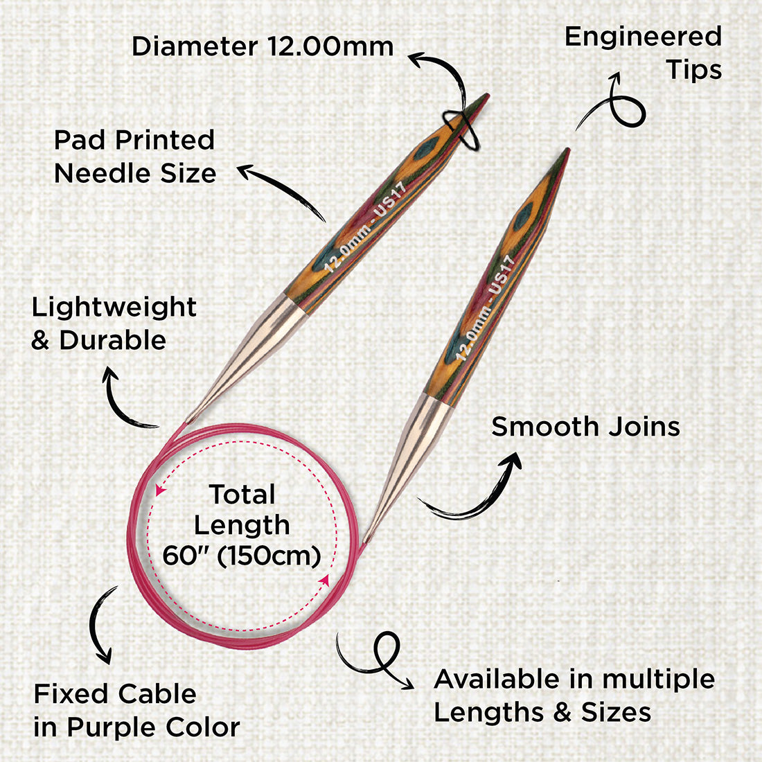 KnitPro Symfonie 12mm fixed circular knitting needle with birch wood tips and 150cm cable