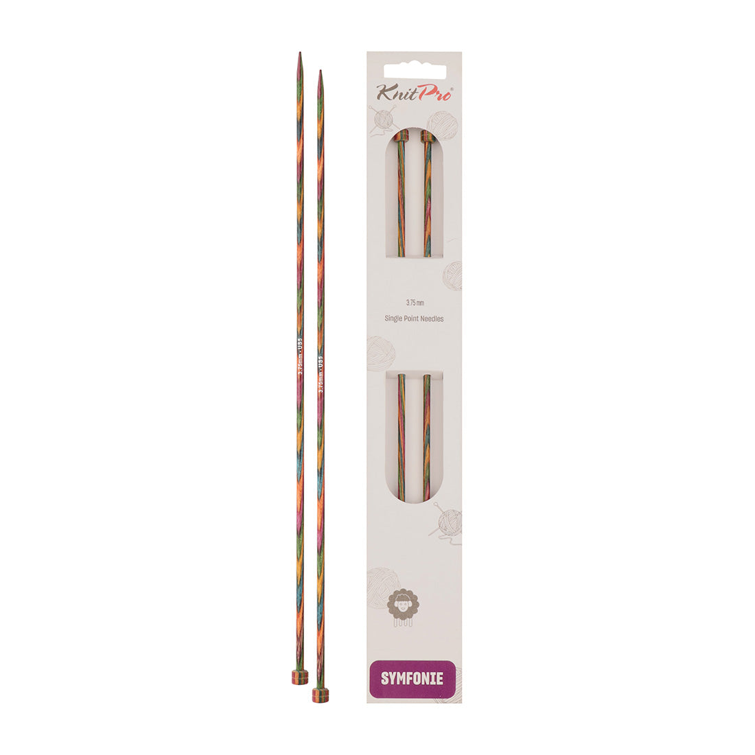 Pair of KnitPro Symfonie 3.75mm straight birch wood knitting needles, 25cm long