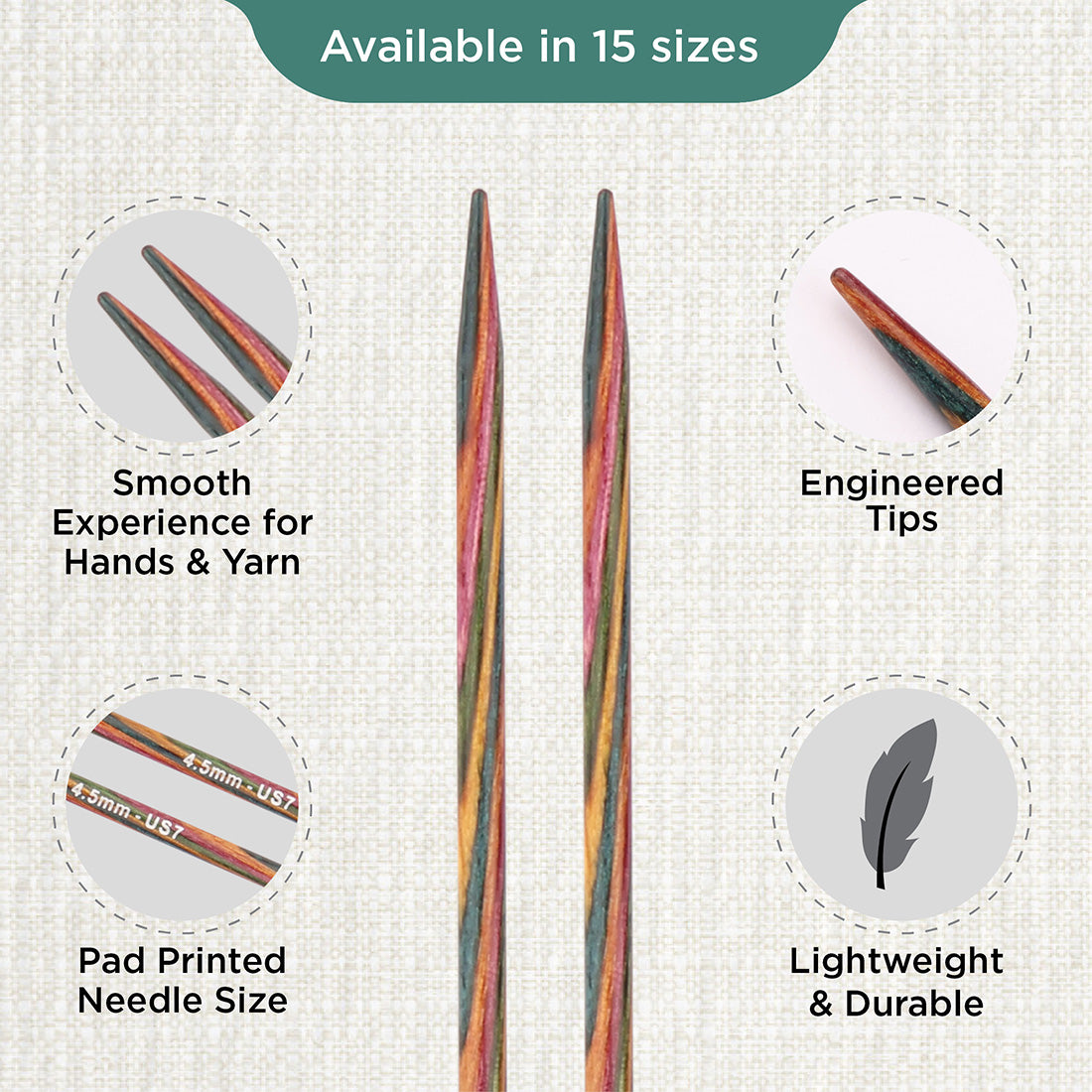 Pair of KnitPro Symfonie 4.5mm straight birch wood knitting needles, 25cm long