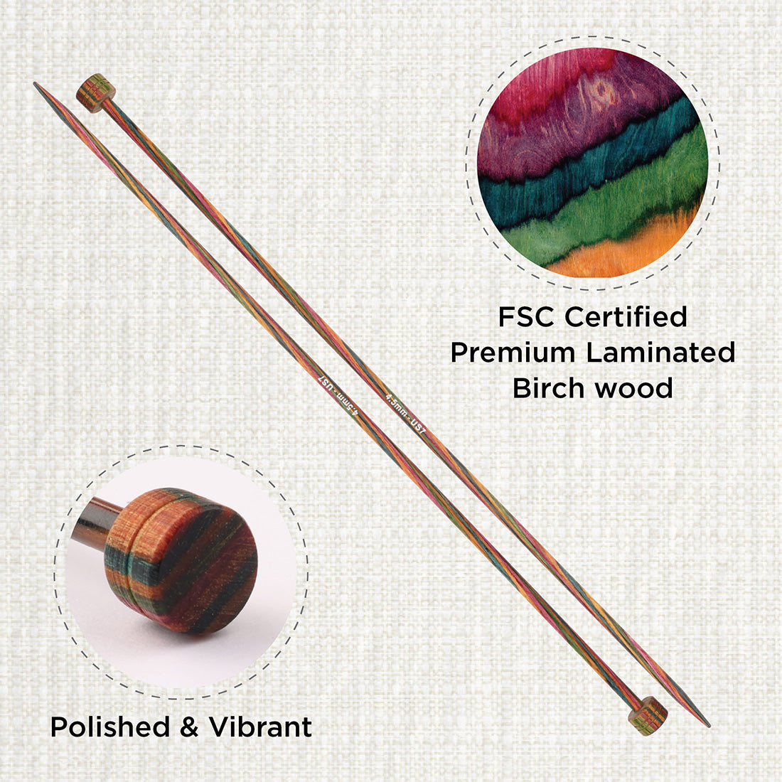 Pair of KnitPro Symfonie 4.5mm straight birch wood knitting needles, 25cm long