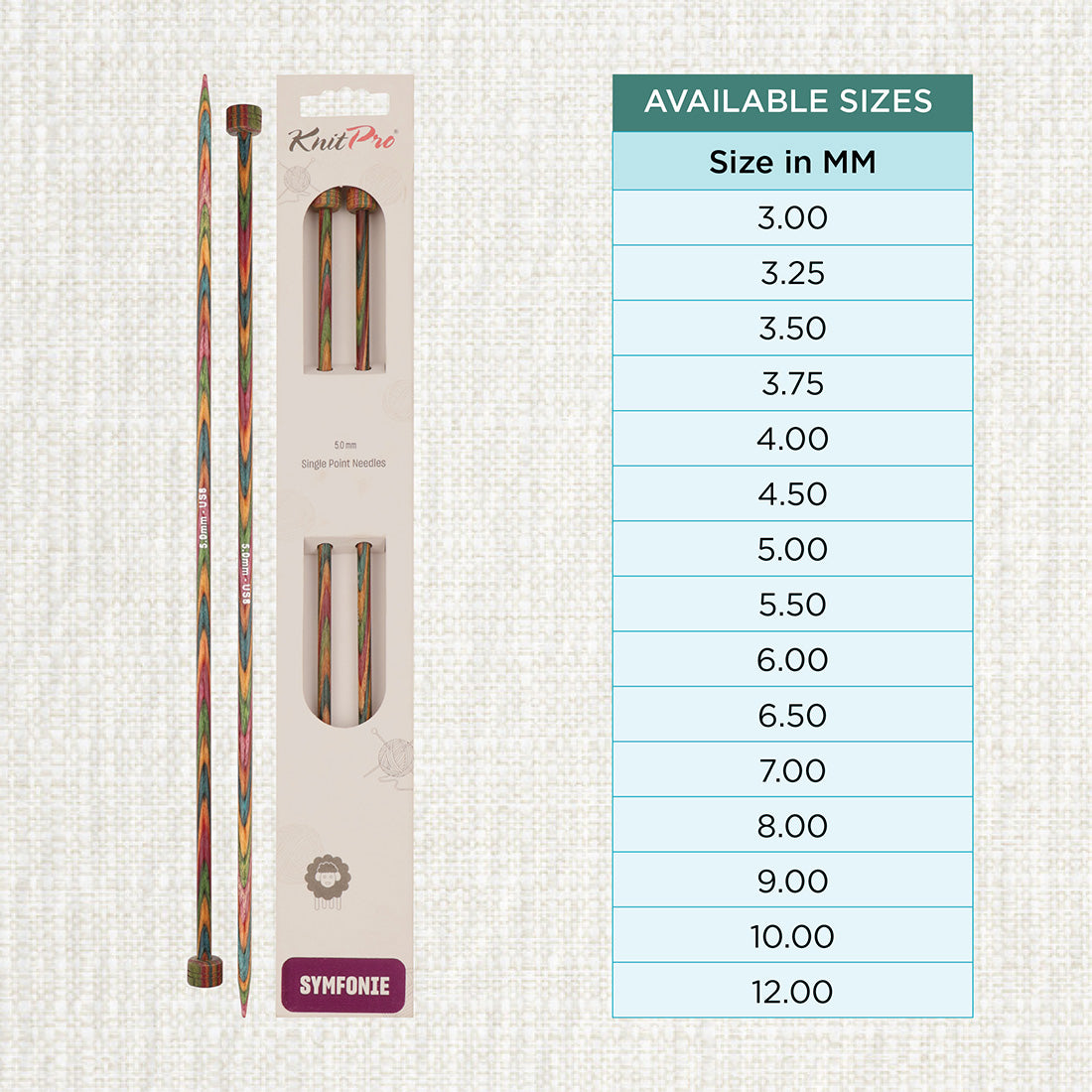Pair of KnitPro Symfonie 5mm straight birch wood knitting needles, 25cm long