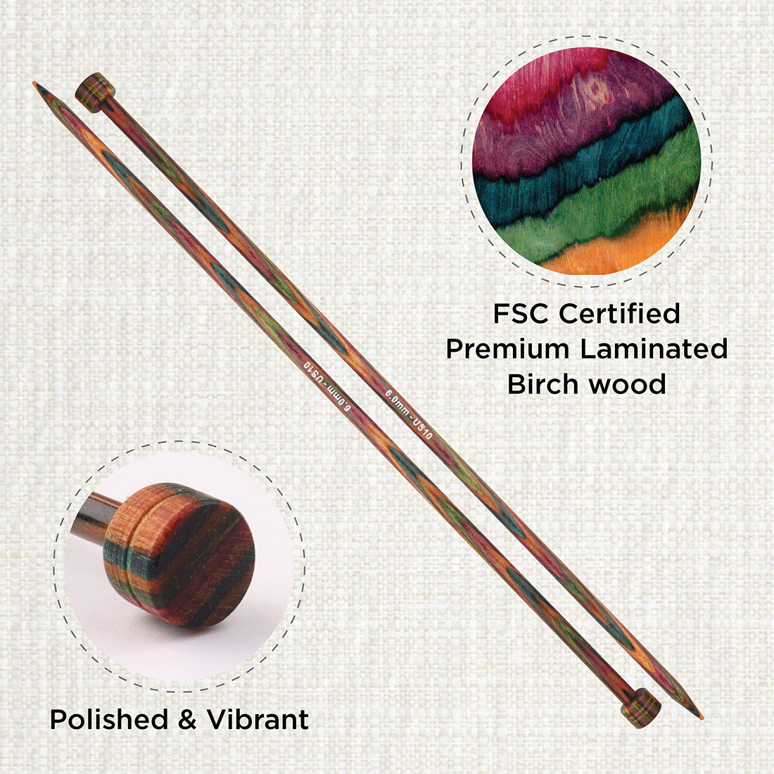 Pair of KnitPro Symfonie 6mm straight birch wood knitting needles, 25cm long