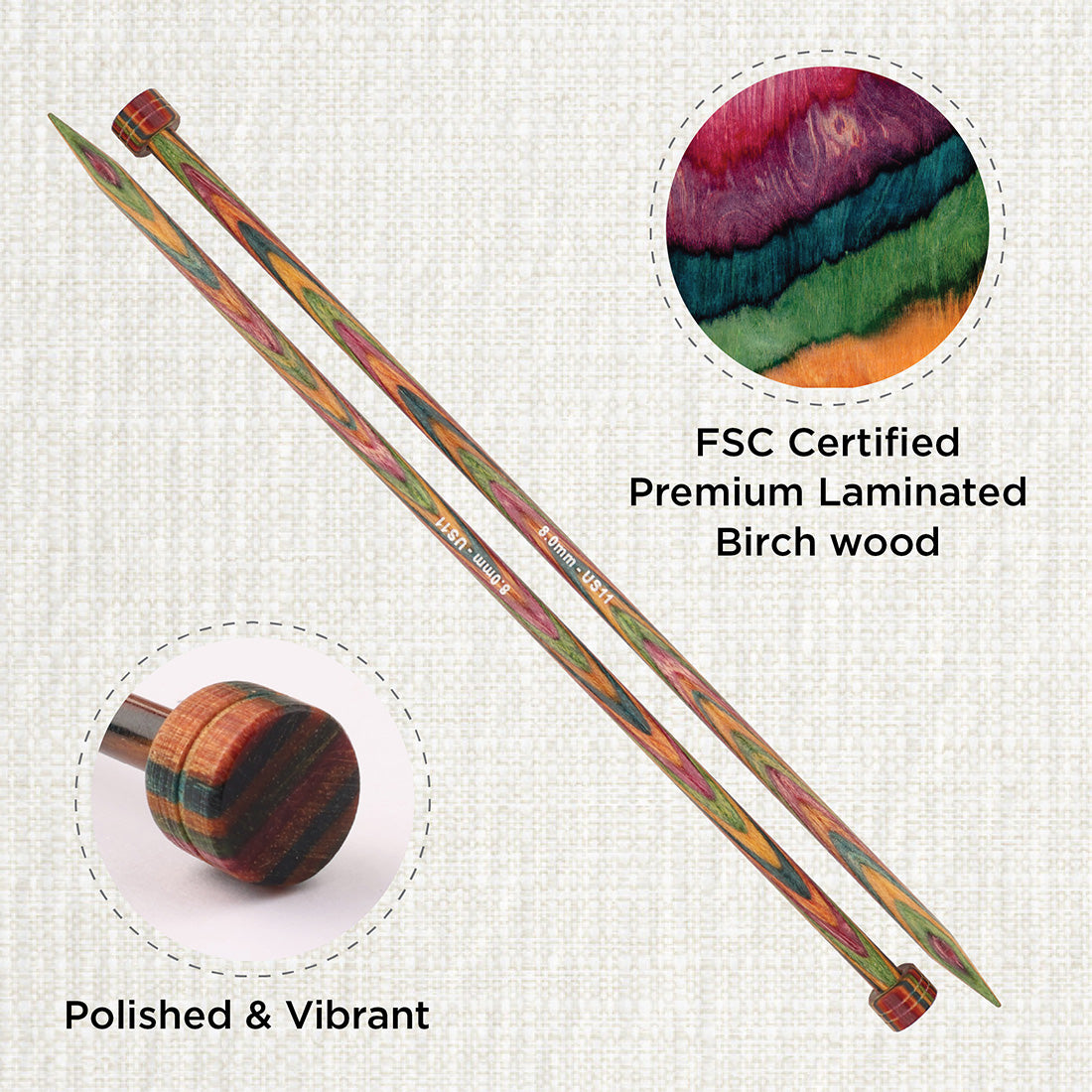 Pair of KnitPro Symfonie 8mm straight birch wood knitting needles, 25cm long