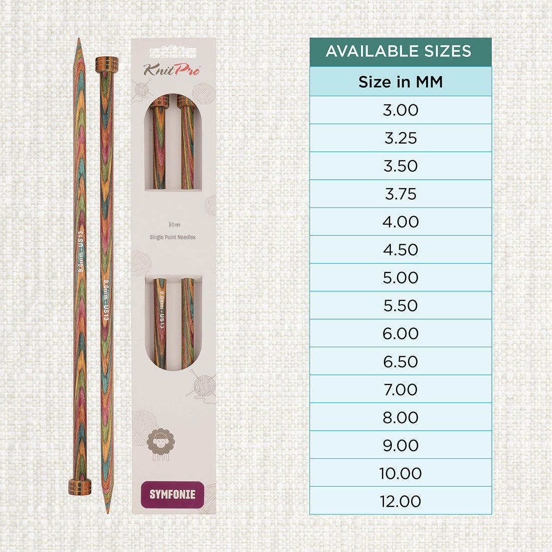 Pair of KnitPro Symfonie 9mm straight birch wood knitting needles, 25cm long
