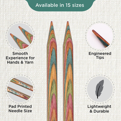 Pair of KnitPro Symfonie 9mm straight birch wood knitting needles, 25cm long