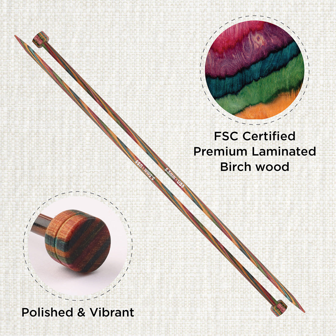 Pair of KnitPro Symfonie 5.5mm straight birch wood knitting needles, 30cm long