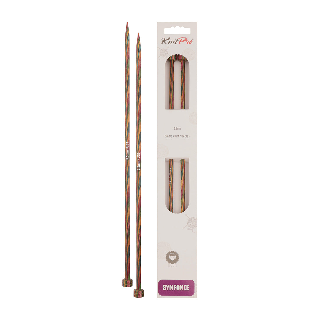 Pair of KnitPro Symfonie 5.5mm straight birch wood knitting needles, 30cm long