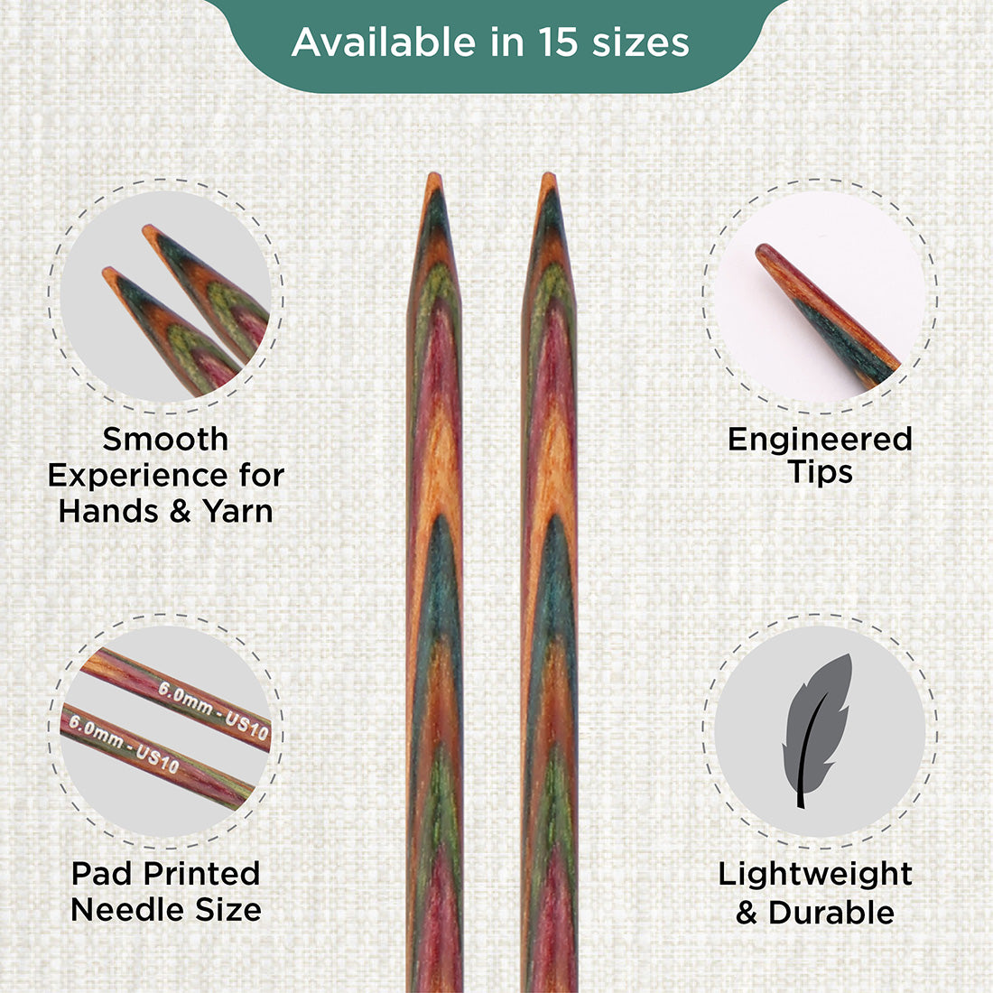 Pair of KnitPro Symfonie 6mm straight birch wood knitting needles, 30cm long