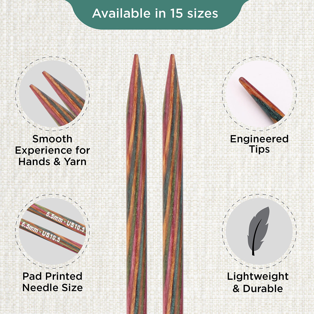 Pair of KnitPro Symfonie 6.5mm straight birch wood knitting needles, 30cm long