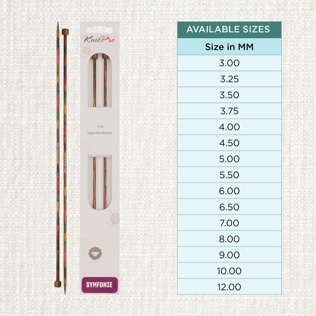 Pair of KnitPro Symfonie 3.5mm straight birch wood knitting needles, 35cm long
