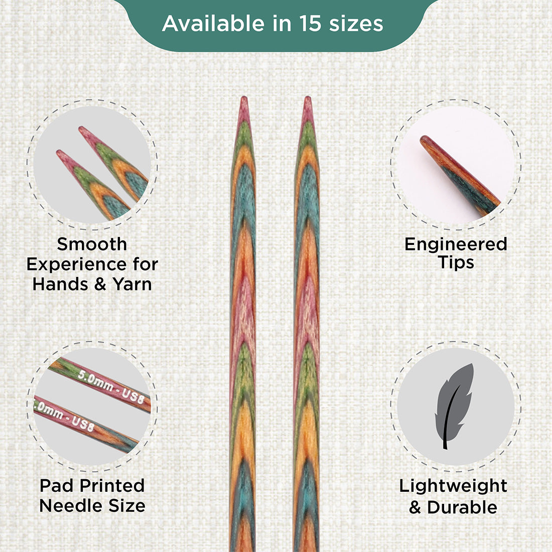 Pair of KnitPro Symfonie 2 laminated birch wood straight knitting needles, 35cm, 5.00mm