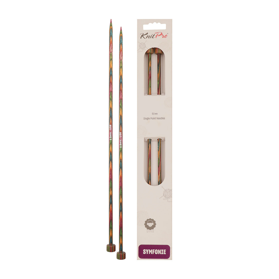 Pair of KnitPro Symfonie 2 laminated birch wood straight knitting needles, 35cm, 5.00mm