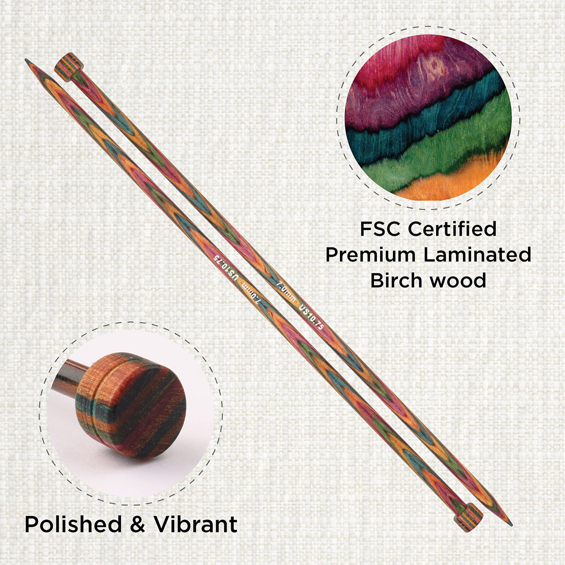 Pair of KnitPro Symfonie 2 laminated birch wood straight knitting needles, 35cm, 7.00mm
