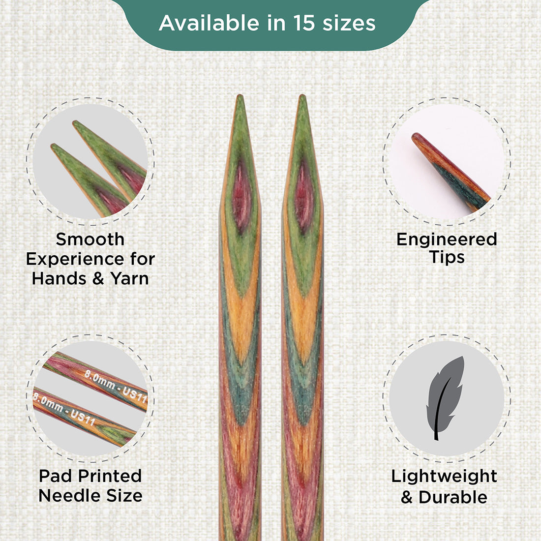 Pair of KnitPro Symfonie 2 laminated birch wood straight knitting needles, 35cm, 8.00mm