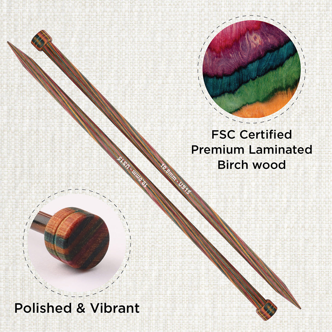 Pair of KnitPro Symfonie 2 laminated birch wood straight knitting needles, 35cm, 10.00mm