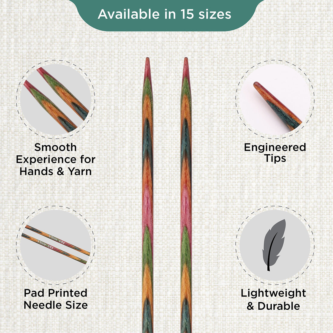 Pair of KnitPro Symfonie 2 laminated birch wood straight knitting needles, 40cm, 3.50mm