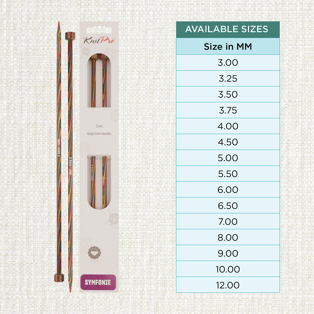 Pair of KnitPro Symfonie 2 laminated birch wood straight knitting needles, 40cm, 5.50mm