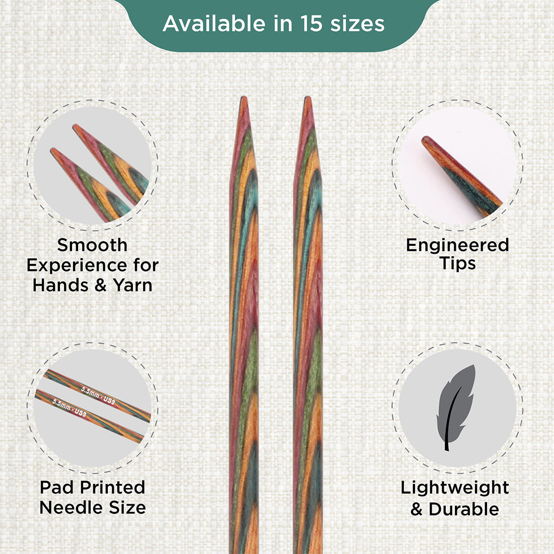 Pair of KnitPro Symfonie 2 laminated birch wood straight knitting needles, 40cm, 5.50mm
